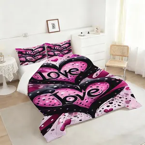 2/3Pcs Playful Pink Hearts Comforter Set, Vibrant Polka Dot Bedding Set, Cozy Quilted Comforter with Love Theme, Perfect for Romantic Bedroom Decor for Couples and Teens to Create a Warm and Affectionate Space, 1 or 2 Pillowcase No Pillow Core