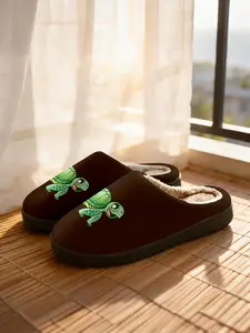 Cute Turtle Theme Cotton Slippers, Deep Base Color, Soft Cartoon Turtle Pattern, Cozy Plush Lining, Casual Home Shoes