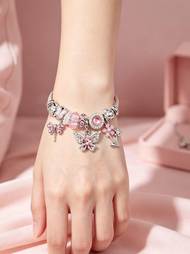 Silver Twisted Cable Open Bangle Bracelet, Pink Crystal Butterfly & Flower Charms Beaded Bracelet, Sweet Fashion Jewelry Gift for Women Teen Girls