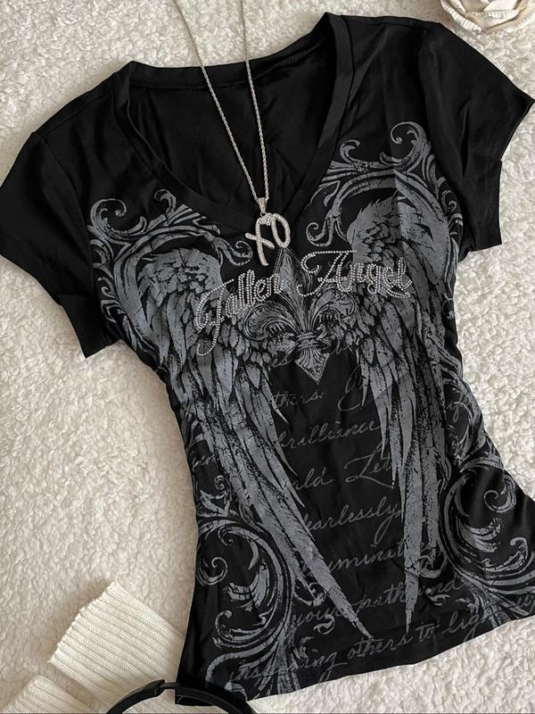26 Valentine's Day wing print retro y2k trendy fashion women's V-neck short sleeved T-shirt