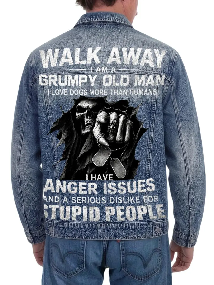 Men's Sturdy Structured Fit Denim Jacket, Edgy Skeleton-Themed Humorous Graphic, for Personality-Driven Guys, Casual Hangouts & Weekend Social Occasions Menswear Coats
