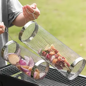 Stainless Steel BBQ Grill Basket with Wheels, Portable Round Barbecue Net, Ideal for Veggies, Fries, Fish, Shrimp, Outdoor Camping & Kitchen Use