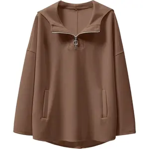 Women's Oversized Hoodie with Quarter Zip, Waist-Tie Pullover, Fashionable College Style Clothing for Girls