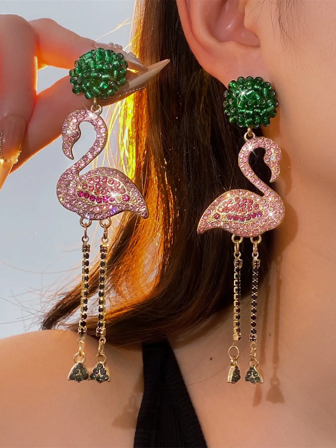 Flamingo Rhinestone Long Dangle Earrings for Women, Perfect for Wedding Party Evening Wear, Casual Style Copper Alloy Jewelry