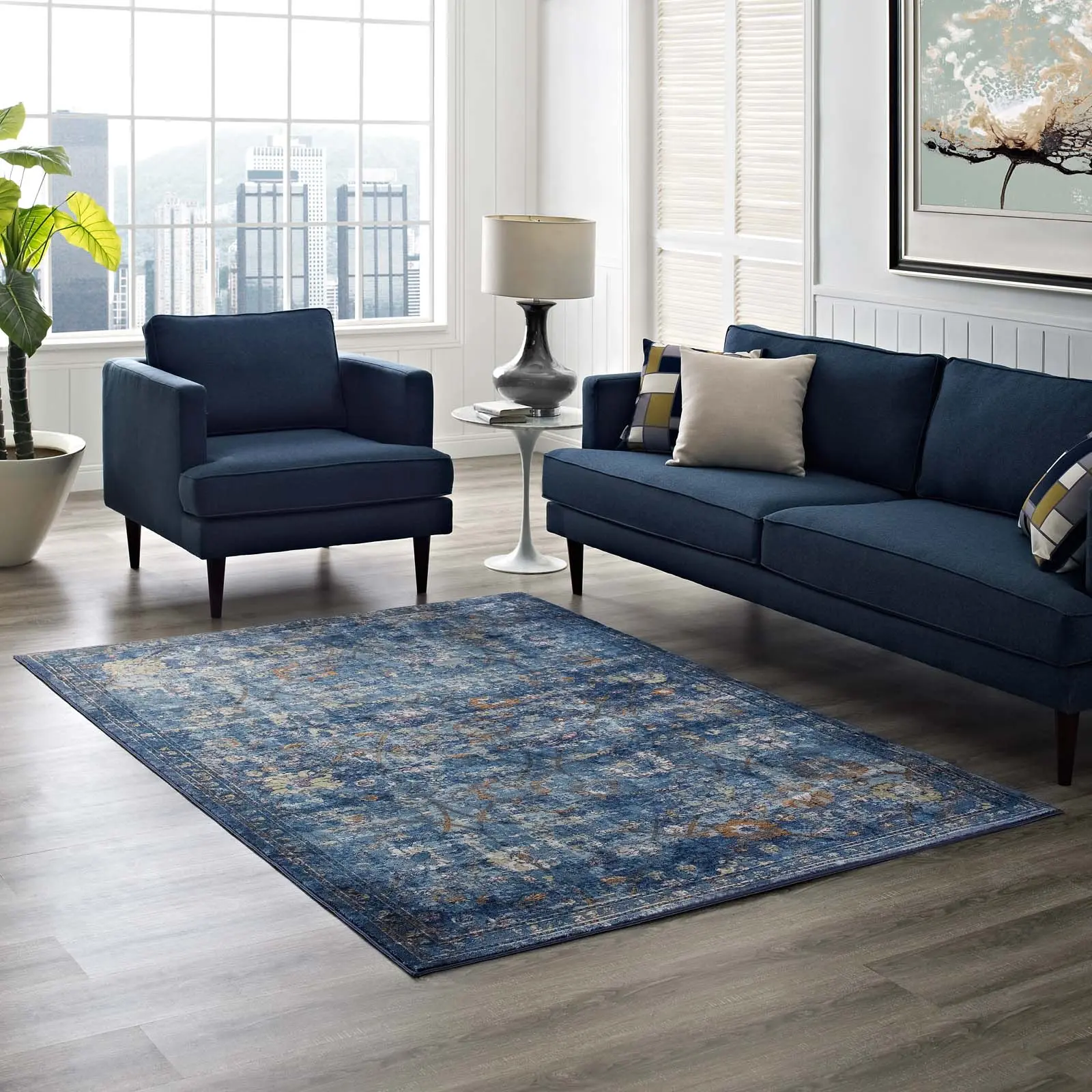 Modway Minu Distressed Floral Lattice Decorative Indoor Modern Colored Accents 5x8 Area Rug in Dark Blue, Yellow, Orange, Decorative Area Rug, Indoor Area Rug