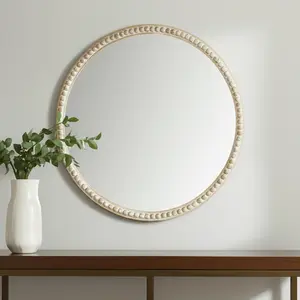 HomeRoots 607306 30 in. Natural Solid Wood Beaded Round Framed Accent Mirror