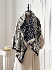 Women's Fashion Tartan Print Shawl, Elegant Fitted Scarf with Fringe Design, Warm Thick Woven Fabric for Fall & Winter