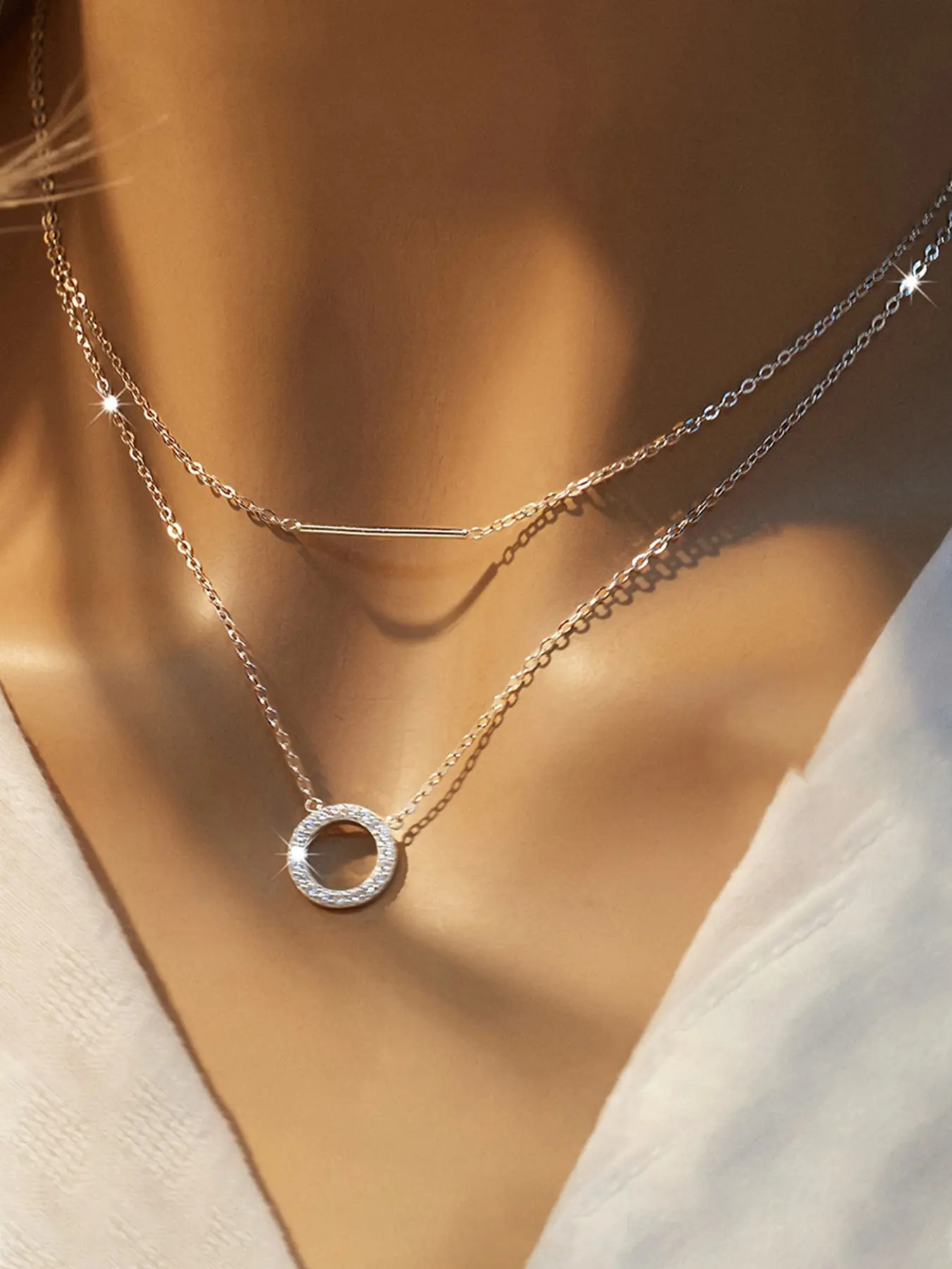 Elegant S925 Silver Color Geometric Stacking Necklace for Women, Simple Double Layer Chain Jewelry Gift for Girlfriend Valentine's Day Birthday