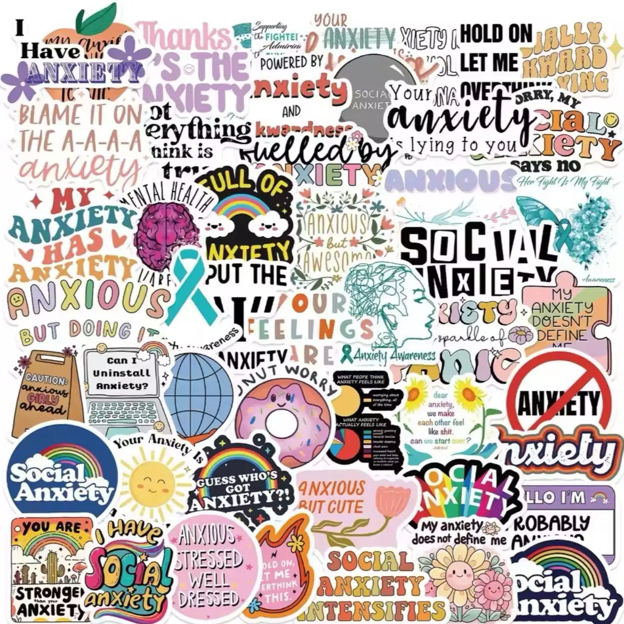 50 Pack of Mental Health Anxiety Themed Stickers. No Duplicates. Waterproof. Great for water bottles