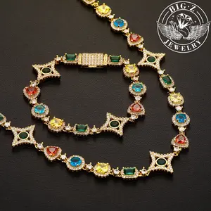 Hip hop colorful gemstone chain zircon men's star-shaped fashion triangle polygonal bracelet necklace accessory, exquisite shiny accessories for daily parties weddings proms, adult graduation back-to-school birthday New Year gift