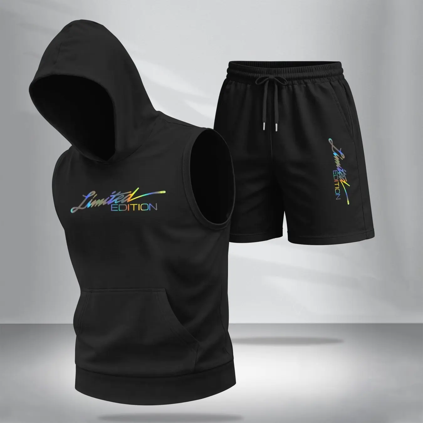 Men's Streetwear 2-Piece Clothes Set, Minimalist Printed Polyester Sleeveless Hoodie with Athletic Drawstring Shorts, Hoodie And Shorts Pants & Top Sets, Menswear, Crew Neck, Garment, Regular Fit, Breathable Fabric, Two-Pieces