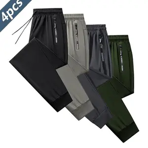 4PCS Ice Silk Sports Pants with Drawstring Elastic Design Zippered Pockets Thin High-Elastic Quick-Dry Fitness Trousers Skin-Friendly Smooth Soft Fabric Suitable for Indoor Sports Summer Outdoor Sports Breathable Activewear Bottoms Sporty Style