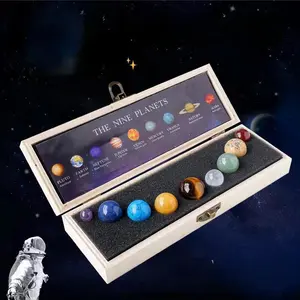 Solar System Planet Crystal Ball, Natural Quartz Mineral, Space Theme Kids Party Gift, Astronomical Hobbyist, Wood Box Packaging