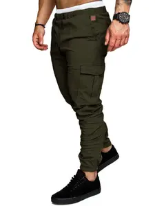 Men's Multi-Pocket Cargo Pants, Casual Outdoor Pants, Casual Fitted Ankle Cuff Jeans, PU Leather Patchwork Design, Drawstring Waist Belt Included