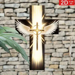 2D Vintage Wooden Wall Hanging Cross with Gold Wings and Glitter - 8x12 inch, Wooden Cross Decorations, Living Room, Christmas, Religious Murals, Gold Glitter Design, Durable Wood, Wall Hanging, Religious Decor