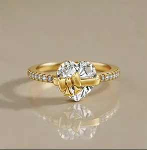 Tied With Love Promise Ring – Gold Heart Bow Ring – 925 Sterling Silver – Gift for Girlfriend, Wife, Anniversary, or Birthday, Heart Bow Ring – Full Diamond Promise Ring GF, Romantic Engagement Style, Anniversary Gifts for Her