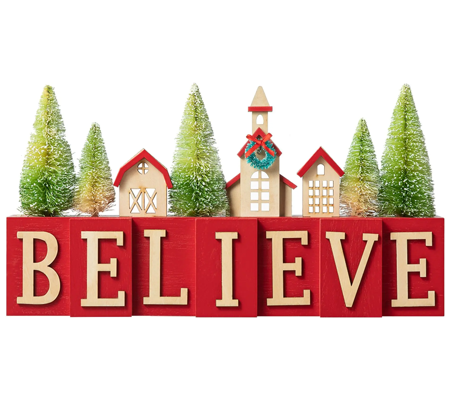 Glitzhome 14" Christmas Wooden House W Brush Tr ees Table Deco