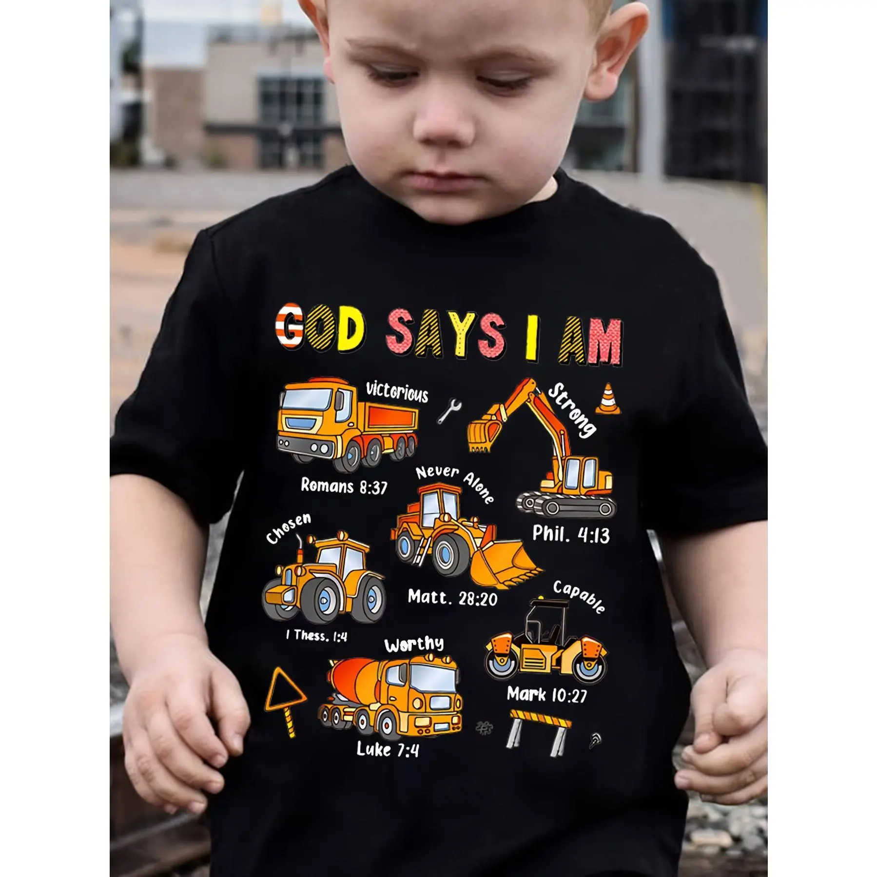 Faithbased Boys' Christian Construction Vehicle T-Shirt | Bible Verse Tee with Excavator, Truck, Builder Words - Construction Site Birthday Outfit - Religious Kids Clothing -