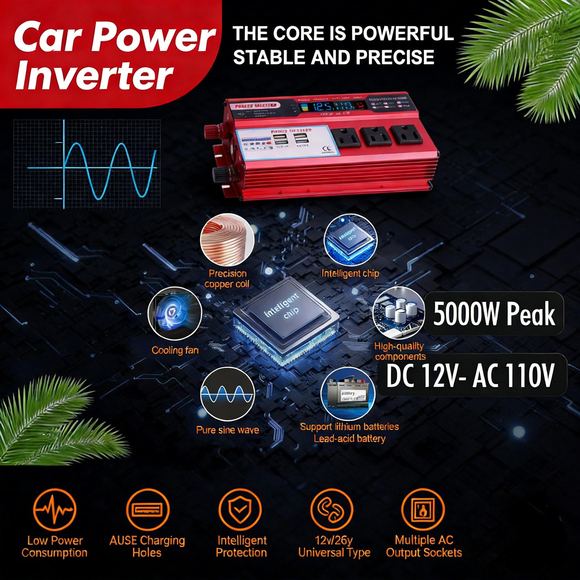 High Performance Car Power Inverter Equipped with 3 AC Outlets 4 USB Ports Fast Charging DC 12V to 110V AC 5000W Peak Power Portable Vehicle Adapter for Truck RV Boat Camping Daily Use and Emergency Backup