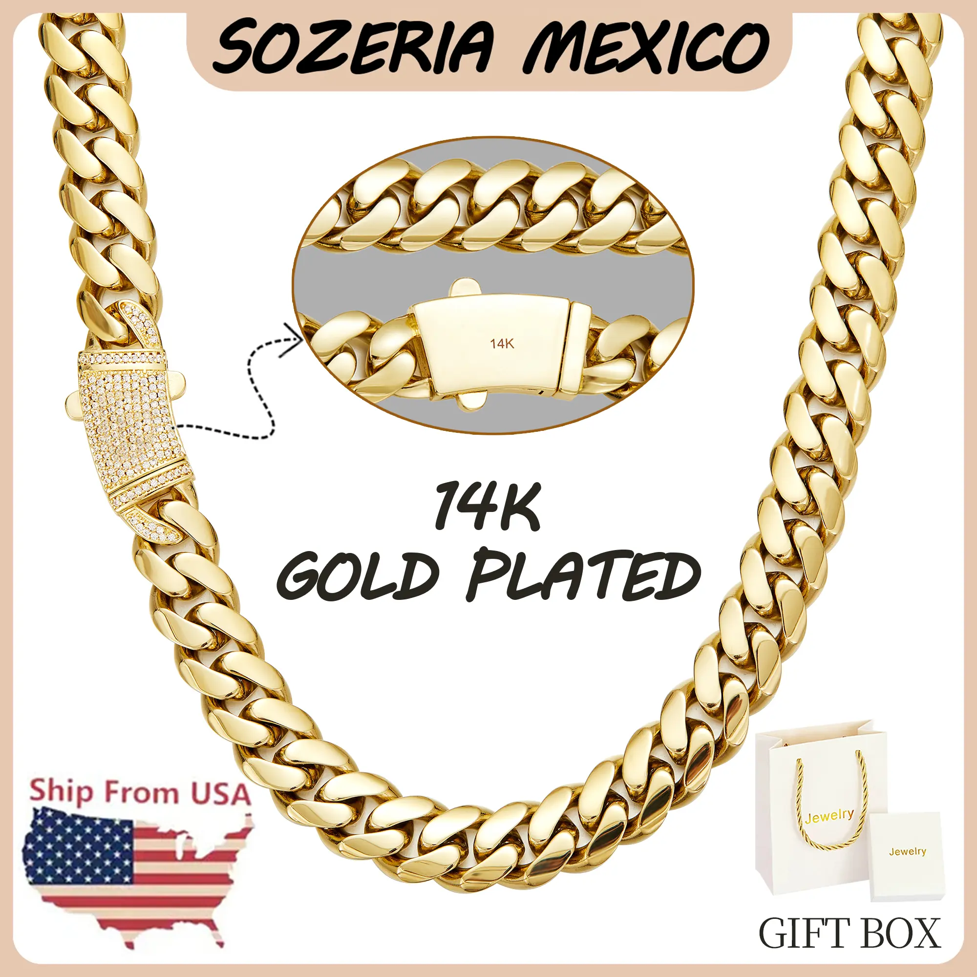 14 Karat Gold-Plated Chunky Cuban Gold Necklace, 6mm-14mm Sizes, Classic White Stone Inlay New Craftsmanship, Fashionable Gift for Him/Her, Gold Necklace Chunky
