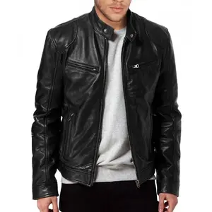 MushEditions Men's Genuine Lambskin Leather Bomber Jacket - Smooth Silky Full Grain Leather Biker Style with Zip Pockets & Stand Collar