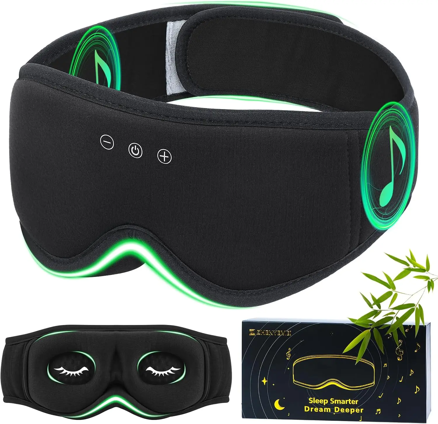 LC-dolida Bamboo Cotton Large Sleep Mask with Bluetooth Wireless Headphones - Blackout Eye Mask for Sleeping 3D Contoured Sleep Headband Ear Muffs Lengthen & Low Noise Hook for Better Experience (Black)