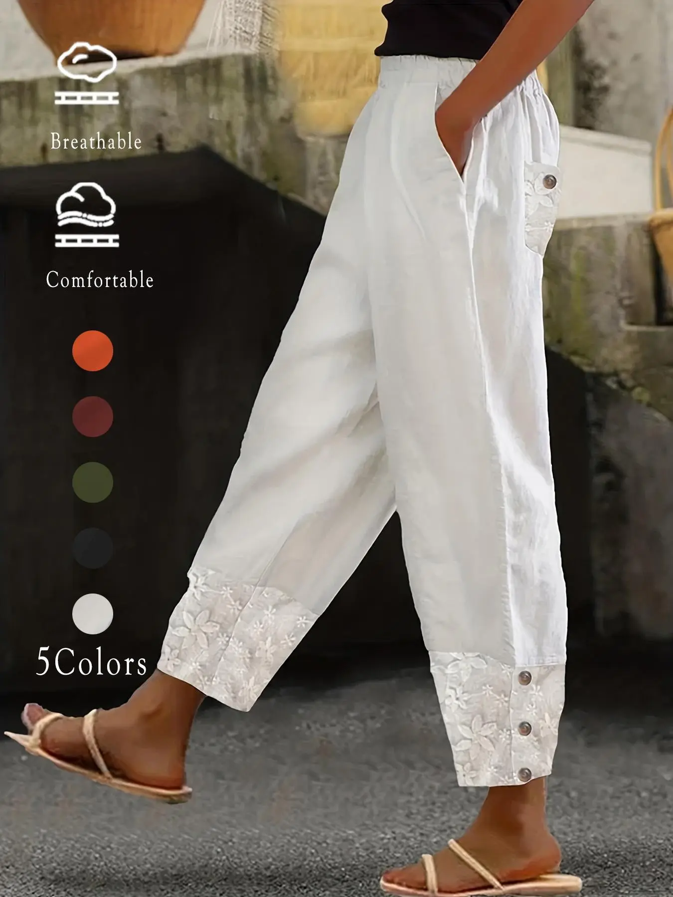 Women's Casual Linen Harem Pants, Lace Details, Bright Colors, Elastic Waistband, Perfect Vacation, Multiple Sizes Available