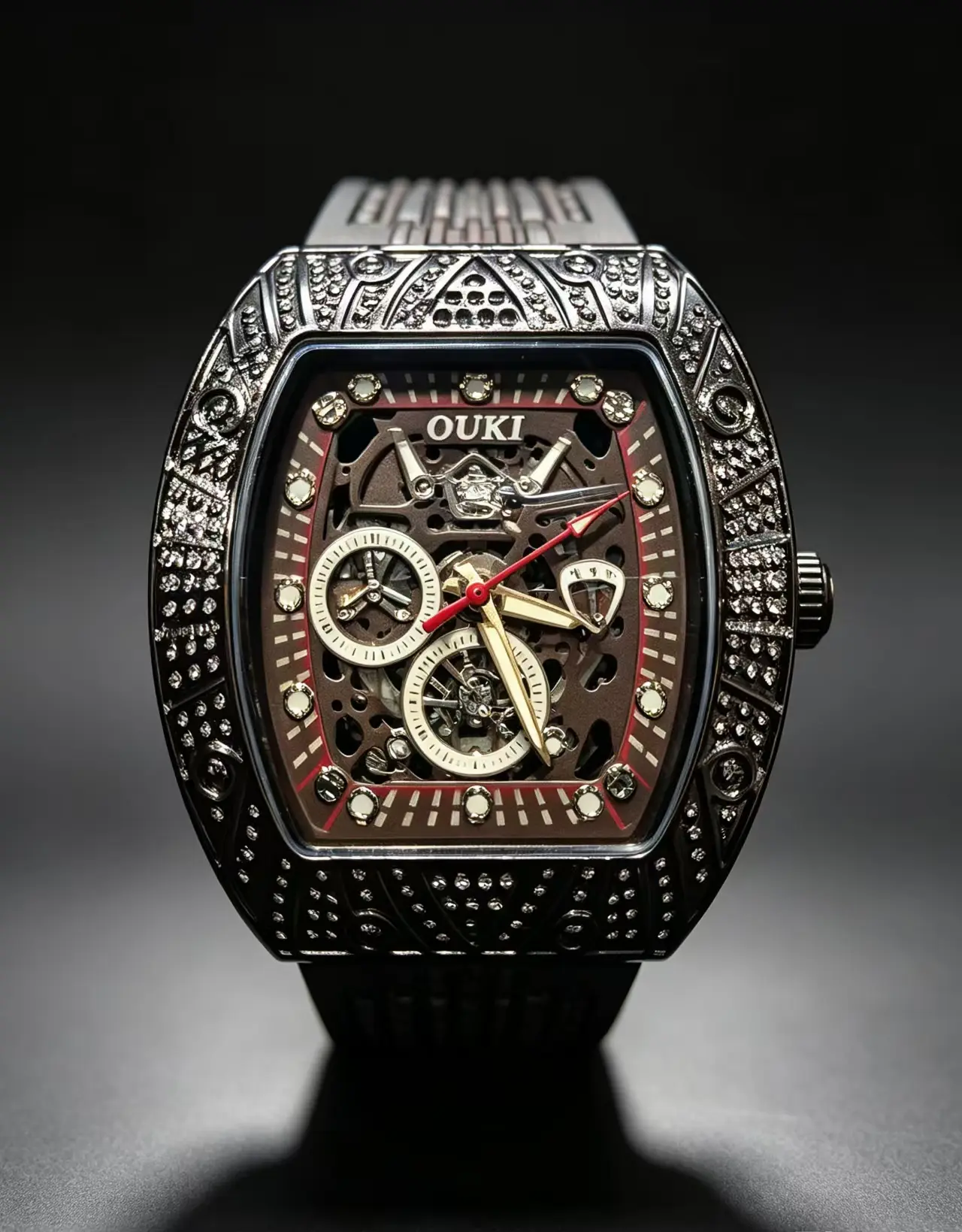 Luxury OUKI Barrel Shape Skeleton Watch for Men, Bling Rhinestone Multi-Function Hollow Quartz Wristwatc