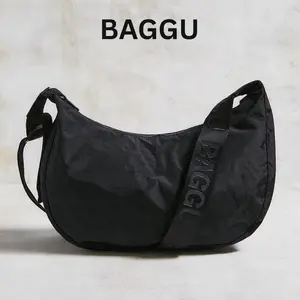BAGGU Medium Nylon Crescent Bag - Casual & Spacious with Zippered Pockets & Adjustable Strap - 100% Recycled Nylon - Machine Washable - 13.75"x4"x8"