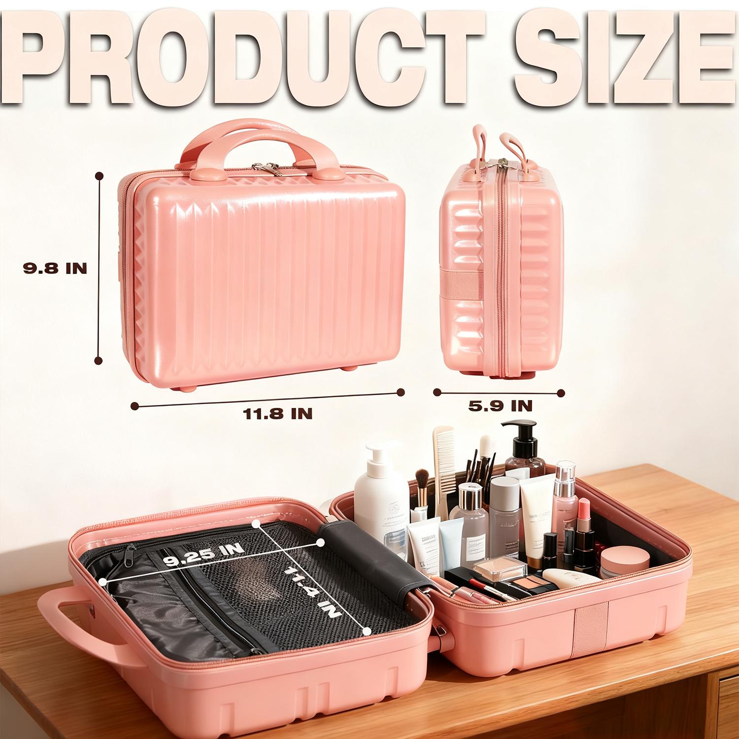 Pink Vertical Stripe Hard Shell Makeup Case | Portable Mini Travel Cosmetic Organizer with Elastic Straps | Durable ABS Vanity Bag Pink Vertical Stripe Hard Shell Makeup Case | Portable Mini Travel Cosmetic Organizer with Elastic Straps | Durable ABS Vanity Bag