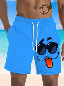 Men's funny face print drawstring Hawaiian Shorts, casual, comfortable, breathable summer shorts for the street and beach, suitable for outdoor sports, beach vacations and everyday wear, Swimming Shorts