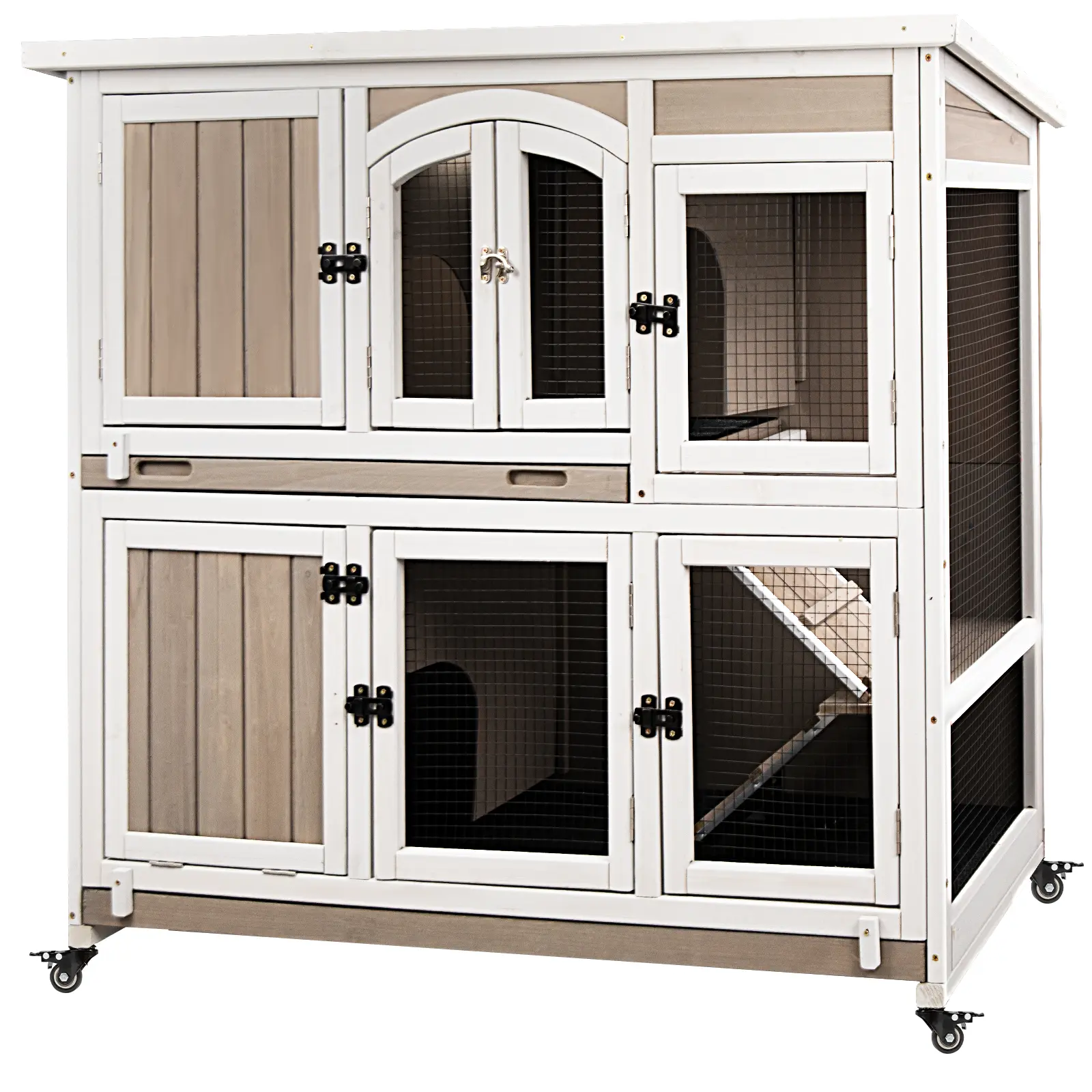 47"L Rabbit Hutch Indoor Wooden 2 Story Rabbit Large Bunny Hutch Outdoor Bunny Cage on 4 Metal Wheels and 2 Deeper Pull Out Trays, Ramp,Guinea Pig Pet House for Small to Medium Animals,Greywhite