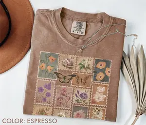 Comfort Colors Vintage Botanical Stamp T-Shirt, Antique Floral Postage Tee, Retro Flower T-Shirt, Cottagecore Nature TShirt, Flower Lover Gift