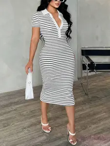 Women's Summer Casual Classy Elegant Business Collared Polo Shirt Dress, Fitted Striped Design for Stylish Summer Wear, Perfect for Office and Outings