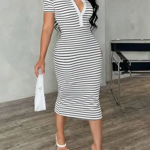 Women's Summer Casual Classy Elegant Business Collared Polo Shirt Dress, Fitted Striped Design for Stylish Summer Wear, Perfect for Office and Outings, Casual Fashion Dress, Casual Dresses