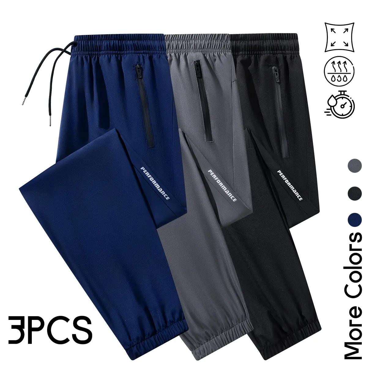 Men's 3-Pack Athletic Joggers with Zipper Pockets, Lightweight Quick-Dry Sweatpants for Gym Workout, Running, Training, Elastic Waist Tapered Sports Pants