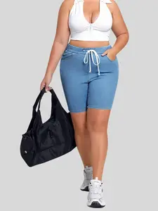 Women's Knitted Denim Tight Shorts, Drawstring Waist Design, Adjustable, Comfortable & Stylish Summer Wear, Perfect for Casual