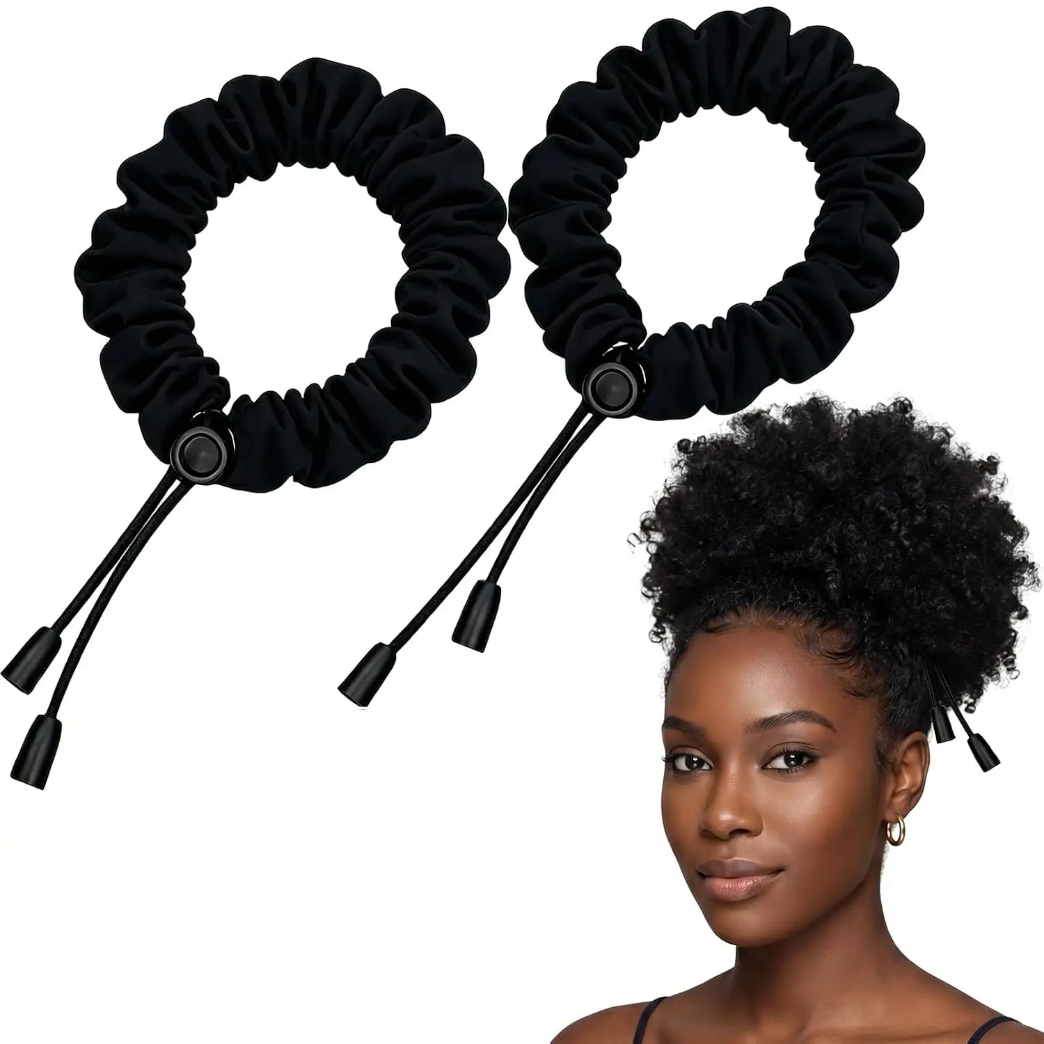 2PCS Adjustable Satin Hair Scrunchies for Women & Girls, Soft Satin Hair Ties for Thick Curly, Natural & Loc Hair, Afro Puff Ponytail Accessories