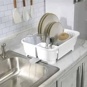 Dish Rack Sink Set, Space Efficient Self Draining with Retractable Spout, White Kitchen Dish Drainer Decor