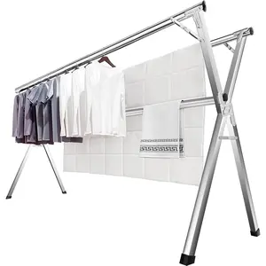 63 Inches Clothes Drying Rack, Drying Rack Clothing Folding Indoor Outdoor, Heavy Duty Stainless Steel Laundry Rack, Foldable Portable Large Clothes Rack Garment Rack with 20 Windproof Hooks