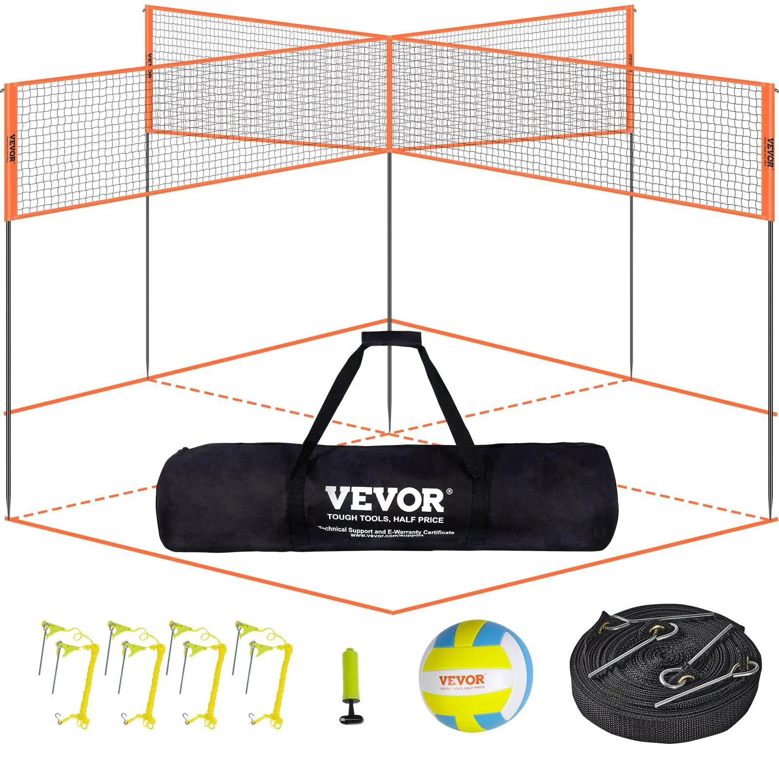 【SummerFinds】VEVOR 4-Way Volleyball Net,  Adjustable Height Badminton Net Set for Backyard Beach Lawn, Outdoor Portable Volleyball Net with Carrying Bag, 4 Square Quick Assemble Game Set For Kids And Adults