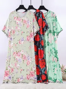 3-Pack Summer Nightgowns, Loose-Fit Short Sleeve Floral Print Pajamas, Comfortable Casual Home Wear, Round Neck, Rolled Hem