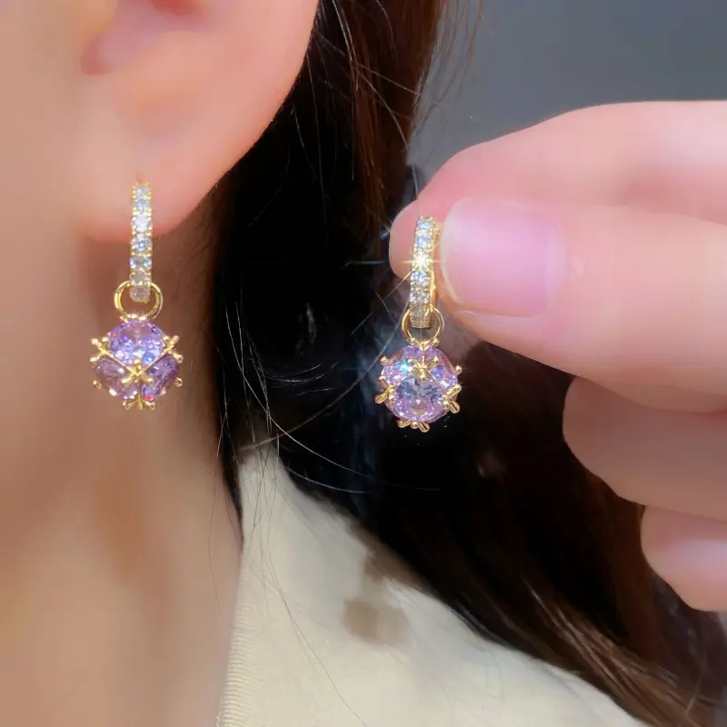 Purple Square Zircon Ball Earrings DDES0677 Elegant and Luxurious Crystal Ball Earrings with a High-End Feel, 14K Gold-Plated