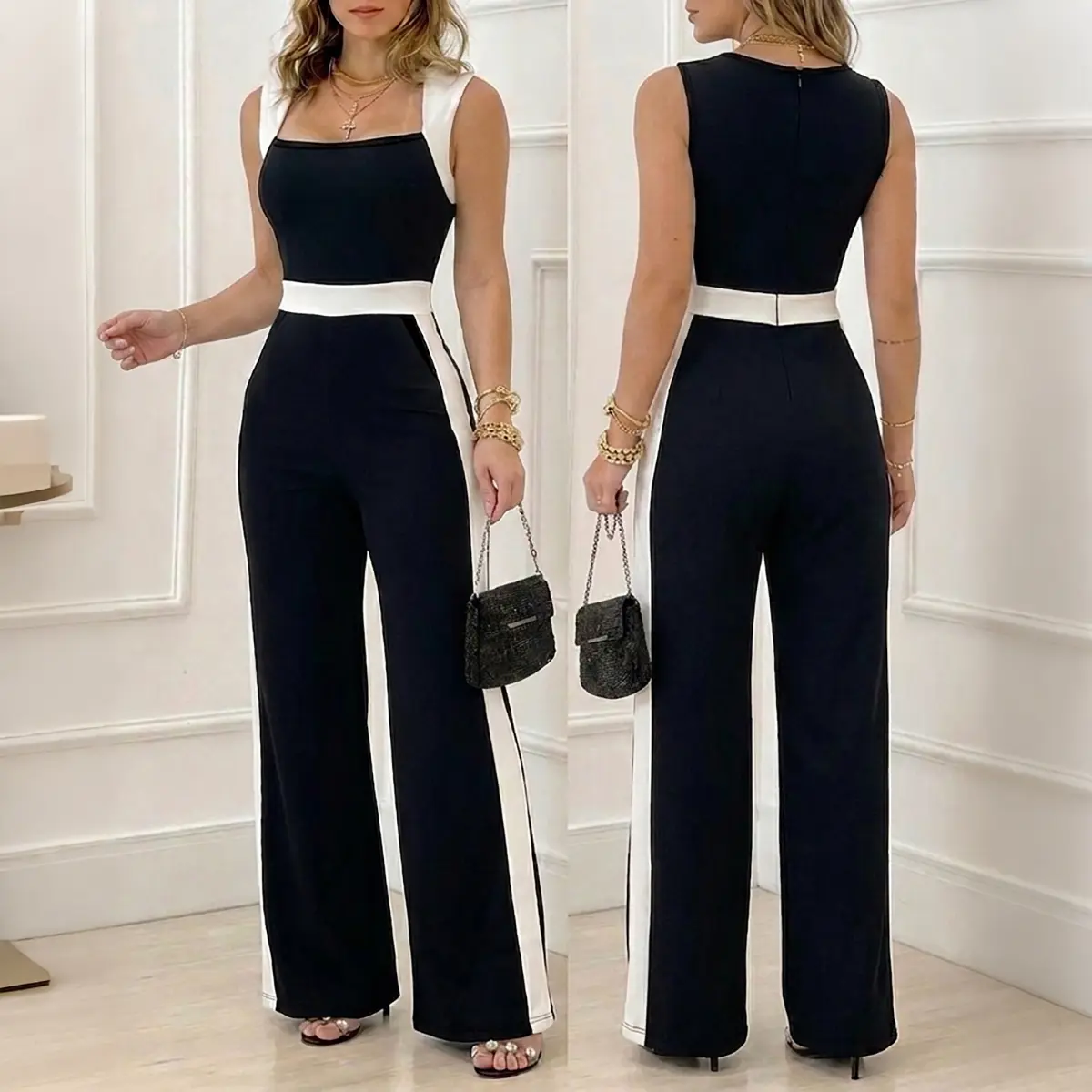 CHICME Women's Colorblock Jumpsuit Elegant Square Neck Sleeveless Wide Leg Overalls High Waisted Work Outfits with Pockets CHICME Women's Colorblock Jumpsuit Elegant Square Neck Sleeveless Wide Leg Overalls High Waisted Work Outfits with Pockets