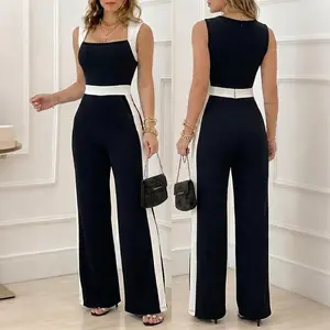 CHICME Women's Colorblock Jumpsuit Elegant Square Neck Sleeveless Wide Leg Overalls High Waisted Work Outfits with Pockets