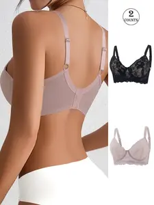 Women's Solid Buckle Back Lace Bra, Breathable Comfortable Underwire Bra, Soft Lingerie for All Seasons