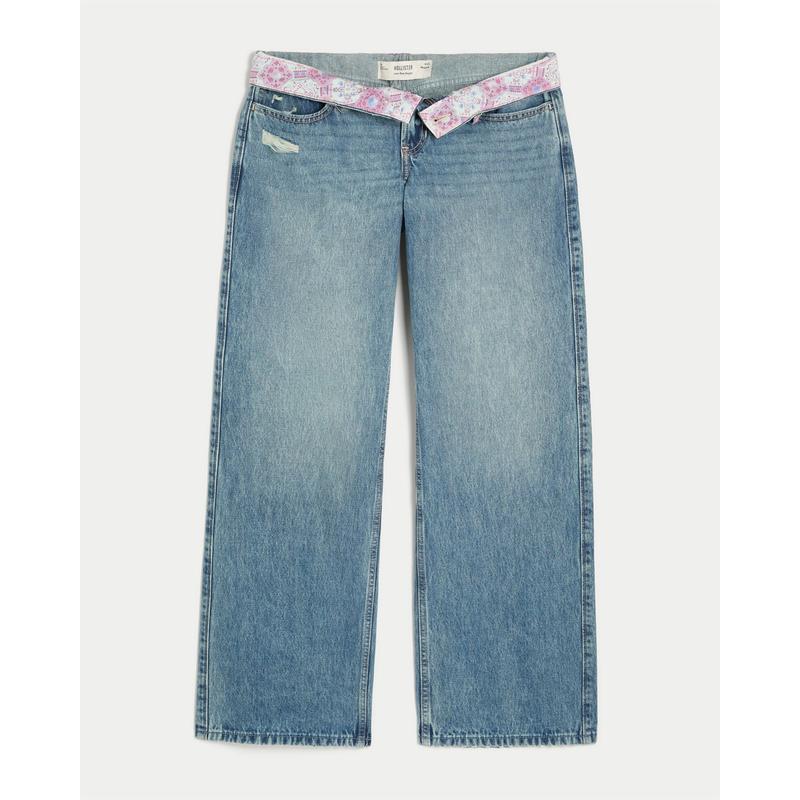 Hollister Low-Rise Medium Wash Foldover Waist Baggy Jeans