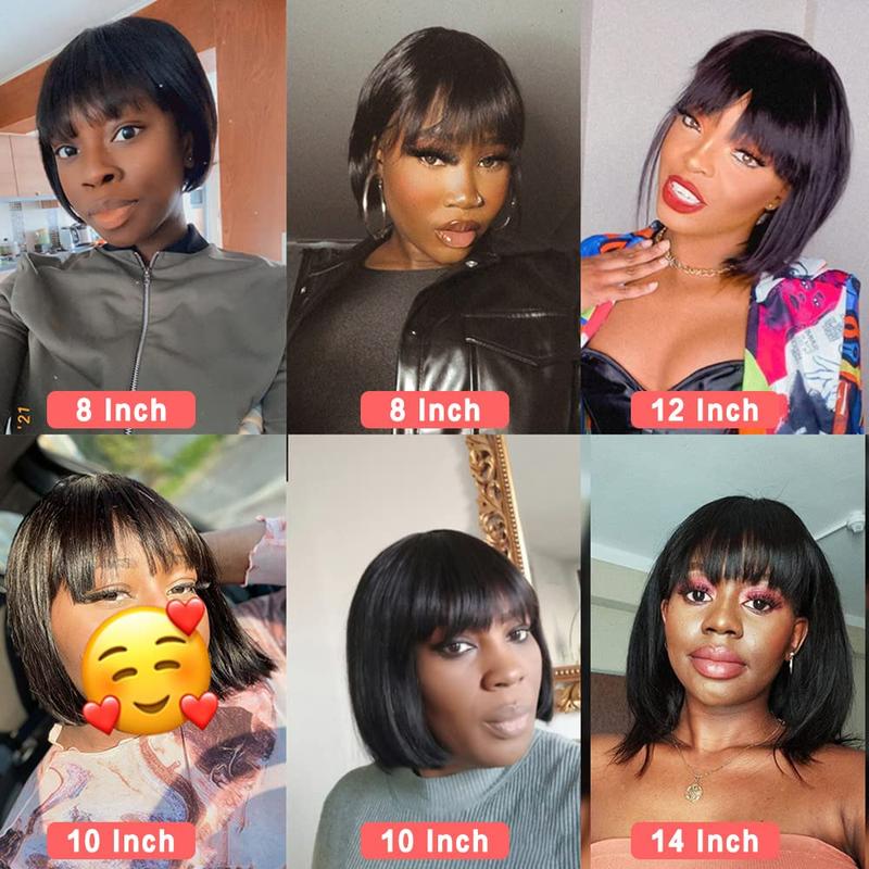 Short Bob Wigs Human Hair 8 Inch Glueless Wear and Go Bob Wig With Bangs Human Hair Wigs for Black Women Human Hair Brazilian Straight Hair None Lace Front Natural Black Wig