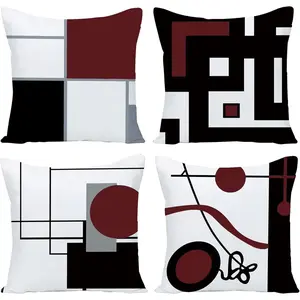 Black  Red Geometric Decorative Cushion Pillow Covers Set of 4 16" x 16" Modern Geometric Grey Black and Red Grid Stripe Decor Irregular with  Zipper Home for Couch Bed
