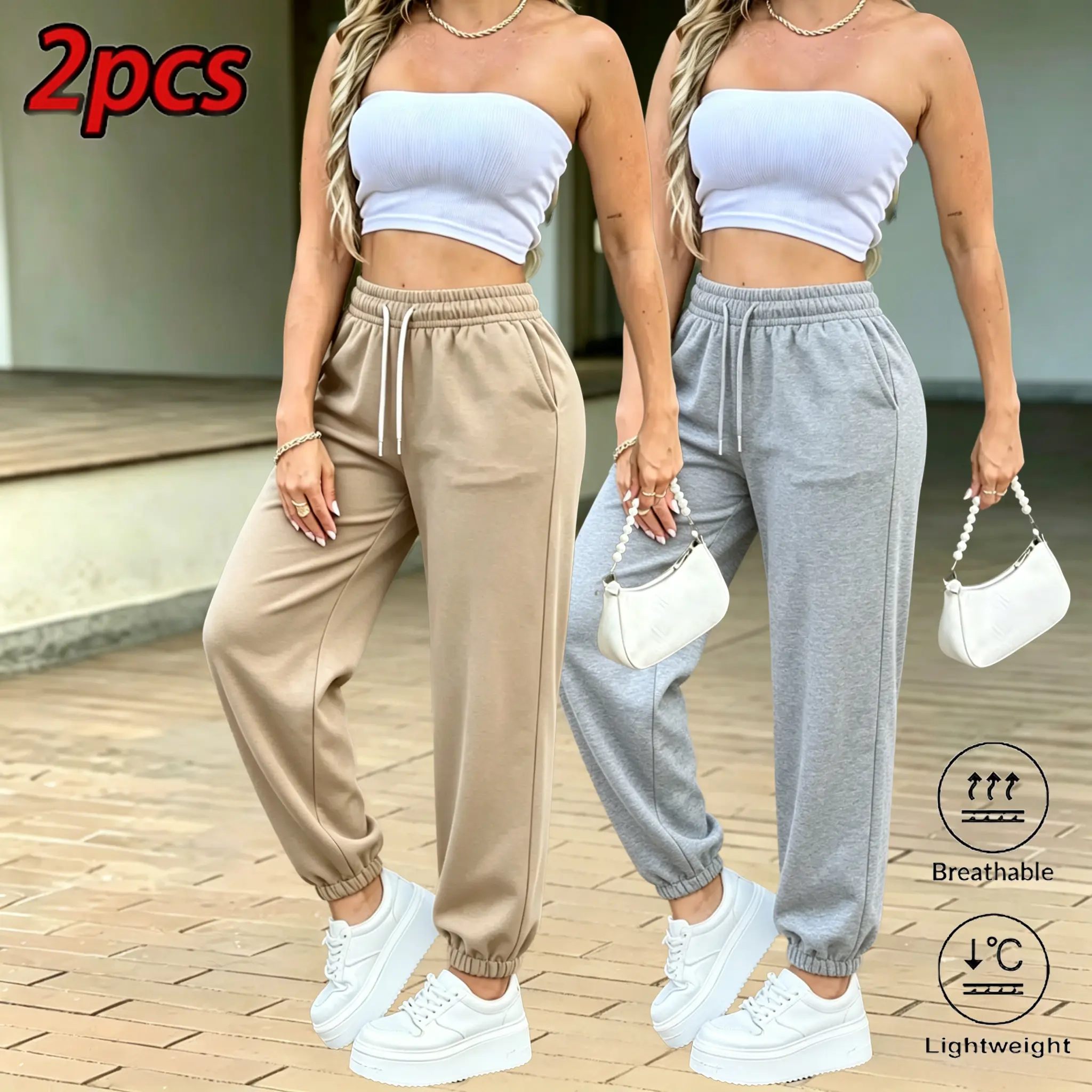 Women's 2-Pack Jogger Sweatpants, High-Waist Casual Polyester-Elastane Pants, Breathable Sporty Trousers for Workout & Lounging, Cuffed Jogger, Drawstring Jogger Trousers, Elastic Waist Joggers